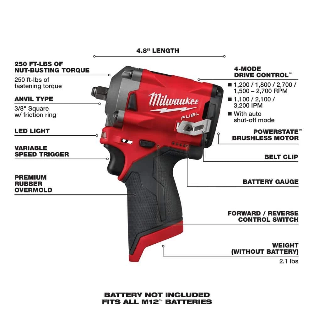 Promo β Milwaukee M12 FUEL 12V Lithium-Ion Brushless Cordless Stubby 3/8 in. Impact π§ Wrench and Ratchet Kit (Tool-Only Kit) π― 5 Promo β Milwaukee M12 FUEL 12V Lithium-Ion Brushless Cordless Stubby 3/8 in. Impact π§ Wrench and Ratchet Kit (Tool-Only Kit) π― - Image 3