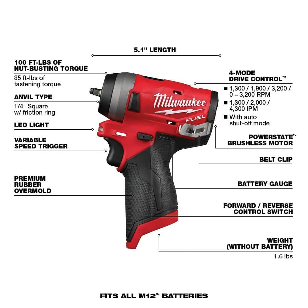 Cheapest 🎉 Milwaukee M12 FUEL 12V Lithium-Ion Brushless Cordless Stubby 1/2 in. Impact 🔧 Wrench with M12 2.0Ah Battery 😉 4 Cheapest 🎉 Milwaukee M12 FUEL 12V Lithium-Ion Brushless Cordless Stubby 1/2 in. Impact 🔧 Wrench with M12 2.0Ah Battery 😉 - Image 2