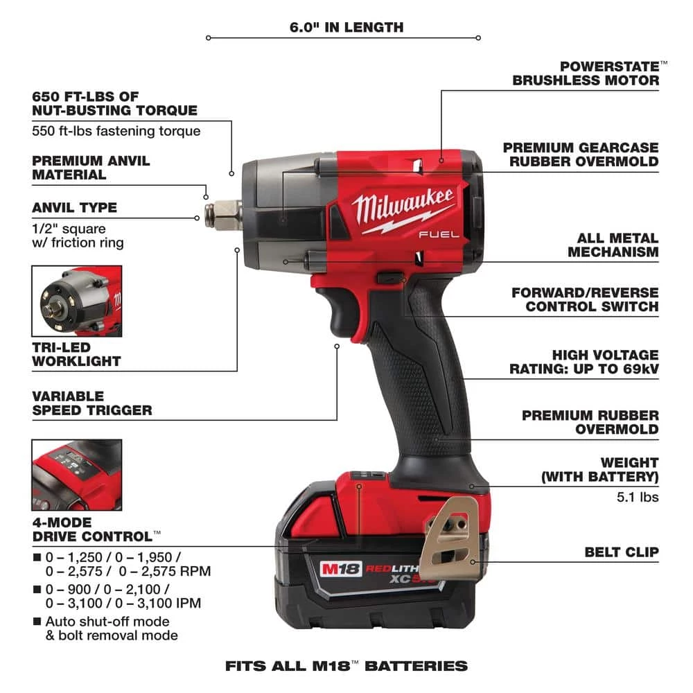 Deals 👏 Milwaukee M18 FUEL Gen-2 18V Lithium-Ion Brushless Cordless Mid Torque 1/2 in. Impact 🔧 Wrench with (1) 5.0 Ah Battery 😉 4 Deals 👏 Milwaukee M18 FUEL Gen-2 18V Lithium-Ion Brushless Cordless Mid Torque 1/2 in. Impact 🔧 Wrench with (1) 5.0 Ah Battery 😉 - Image 2