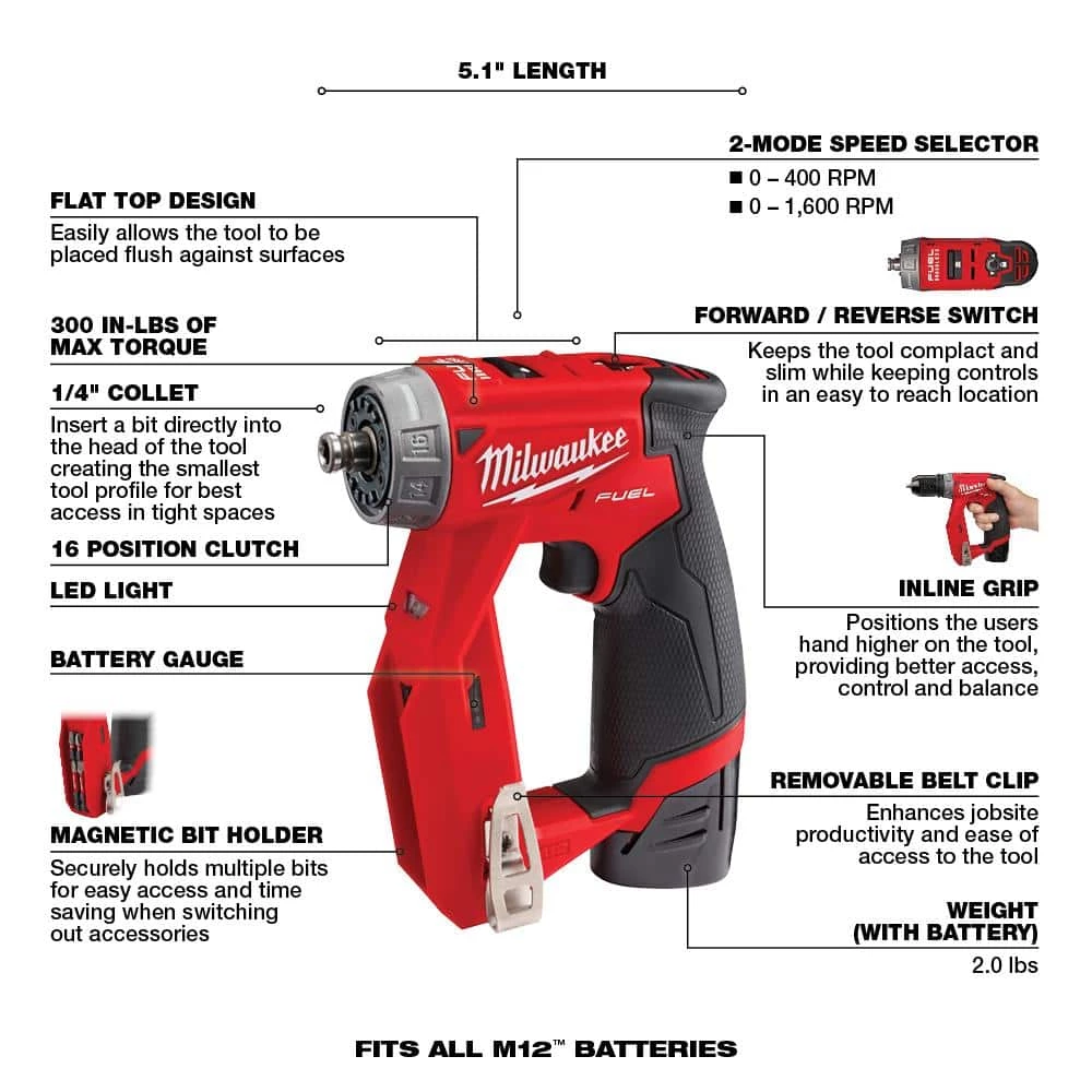 Top 10 ๐ Milwaukee M12 FUEL 12V Lithium-Ion Brushless Cordless 4-in-1 Interchangeable 3/8 in. Drill Driver Kit with 6.0 Ah Battery ๐ 5 Top 10 ๐ Milwaukee M12 FUEL 12V Lithium-Ion Brushless Cordless 4-in-1 Interchangeable 3/8 in. Drill Driver Kit with 6.0 Ah Battery ๐ - Image 3
