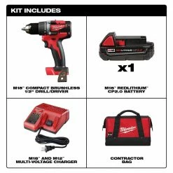 Cheap 😉 Milwaukee M18 18-Volt Lithium-Ion Brushless Cordless 1/2 in. Compact Drill/Driver with (1) 2.0 Ah Battery, Charger and Tool Bag ✨ -Deals Power Tools Store milwaukee power drills 2801 21p e1 1000