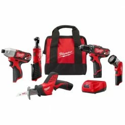 Hot Sale 🔔 Milwaukee M12 12V Lithium-Ion Cordless Combo Kit (5-Tool) with Two 1.5 Ah Batteries, Charger and Tool Bag ✨
