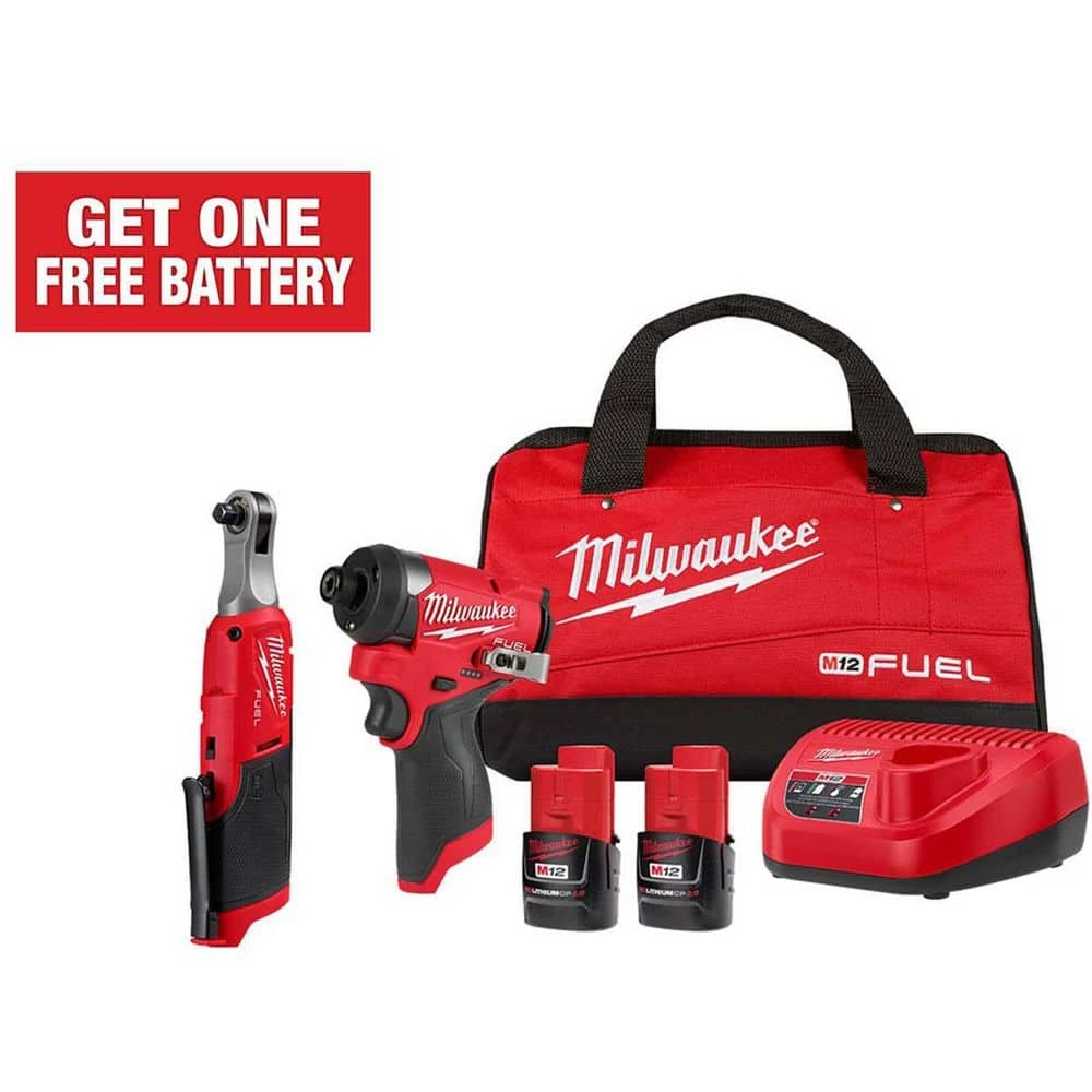 Outlet 🔥 Milwaukee M12 FUEL 12V Lithium-Ion Cordless 3/8 in. Ratchet and 1/4 in. Impact Driver Kit (2-Tool) w/Batteries, Charger & Bag 👍 3 Outlet 🔥 Milwaukee M12 FUEL 12V Lithium-Ion Cordless 3/8 in. Ratchet and 1/4 in. Impact Driver Kit (2-Tool) w/Batteries, Charger & Bag 👍