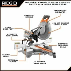 Buy ⭐ RIDGID 15 Amp Corded 12 in. Dual Bevel Sliding Miter Saw with 70 Deg. Miter Capacity and LED Cut Line Indicator 😉 -Deals Power Tools Store ridgid miter saws r4222 40 1000