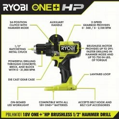 Hot Sale 🤩 RYOBI ONE+ HP 18V Brushless Cordless 1/2 in. 🔨 Hammer Drill Kit with (2) 2.0 Ah Batteries, Charger, and Bag 🔔 -Deals Power Tools Store ryobi hammer drills pblhm101k2 40 1000