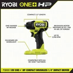 Flash Sale 🔥 RYOBI ONE+ HP 18V Brushless Cordless Compact 1/4 in. Impact Driver Kit with (2) 1.5 Ah Batteries, Charger and Bag ⭐ -Deals Power Tools Store ryobi impact drivers psbid01k a0 1000