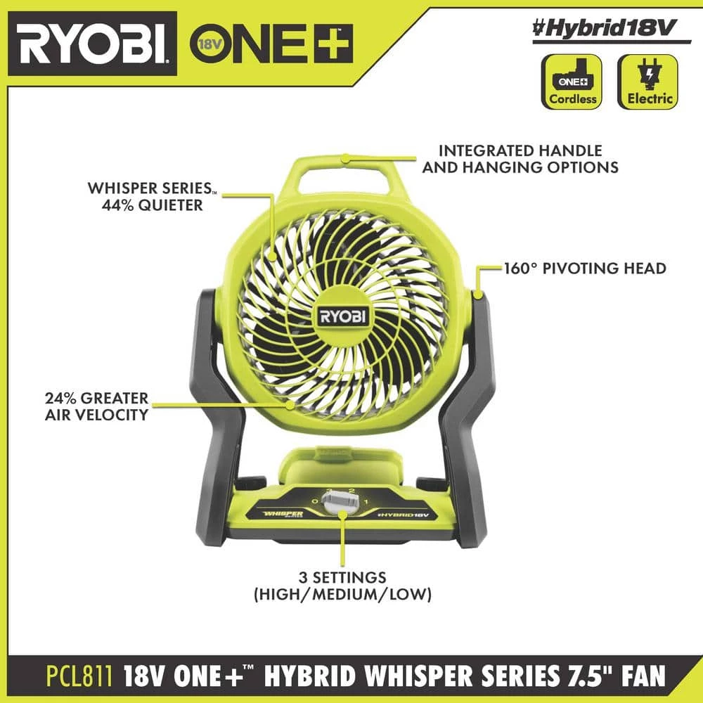 Cheap 🛒 RYOBI ONE+ 18V Cordless Hybrid WHISPER SERIES 7-1/2 in. Fan (Tool Only) 🥰 5 Cheap 🛒 RYOBI ONE+ 18V Cordless Hybrid WHISPER SERIES 7-1/2 in. Fan (Tool Only) 🥰 - Image 3