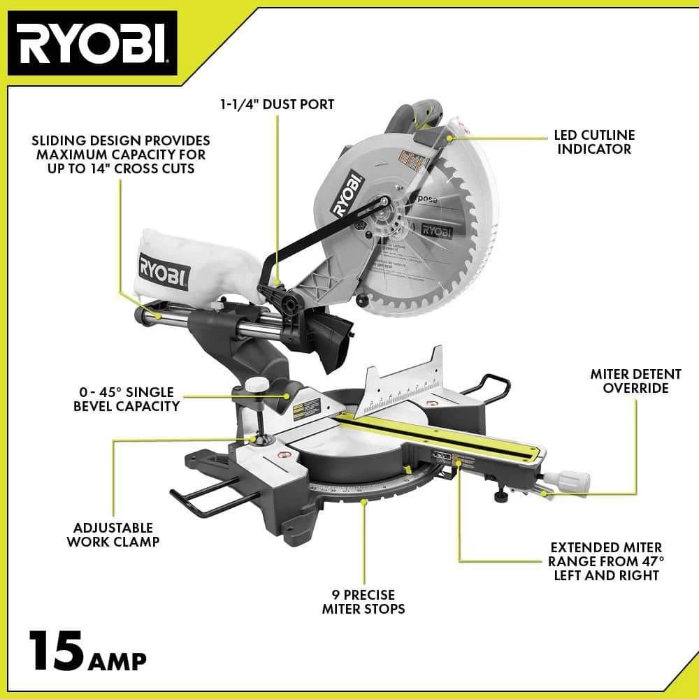 Hot Sale 🤩 RYOBI 15 Amp 12 in. Corded Sliding Compound Miter Saw with LED Cutline Indicator 🔔 5 Hot Sale 🤩 RYOBI 15 Amp 12 in. Corded Sliding Compound Miter Saw with LED Cutline Indicator 🔔 - Image 3