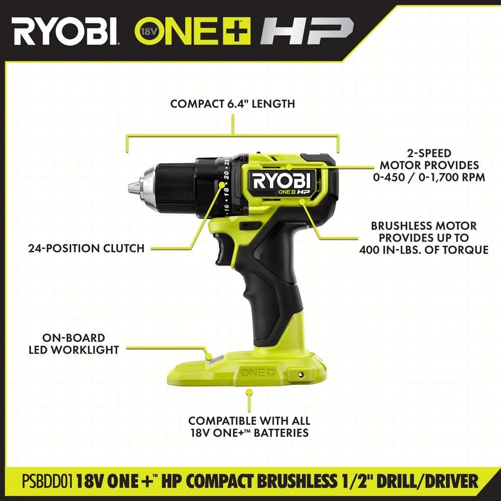 Best Pirce 🥰 RYOBI ONE+ HP 18V Brushless Cordless Compact 1/2 in. Drill/Driver Kit with (2) 1.5 Ah Batteries, Charger and Bag ⭐ 5 Best Pirce 🥰 RYOBI ONE+ HP 18V Brushless Cordless Compact 1/2 in. Drill/Driver Kit with (2) 1.5 Ah Batteries, Charger and Bag ⭐ - Image 3
