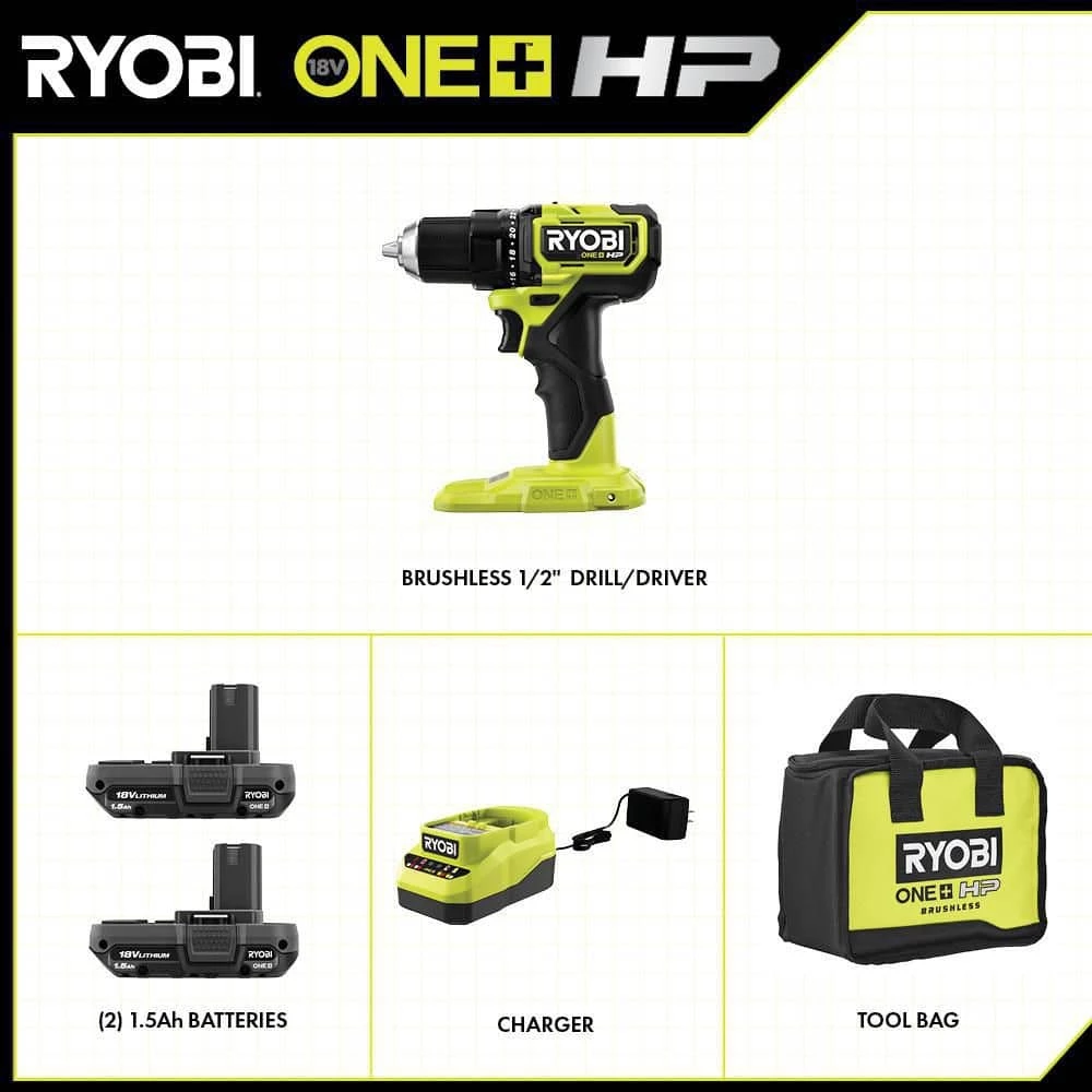 Best Pirce 🥰 RYOBI ONE+ HP 18V Brushless Cordless Compact 1/2 in. Drill/Driver Kit with (2) 1.5 Ah Batteries, Charger and Bag ⭐ 4 Best Pirce 🥰 RYOBI ONE+ HP 18V Brushless Cordless Compact 1/2 in. Drill/Driver Kit with (2) 1.5 Ah Batteries, Charger and Bag ⭐ - Image 2